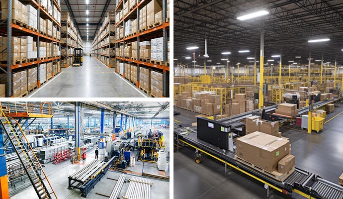 A collage of three large industrial facilities