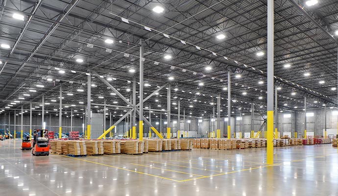 A interior view of a vast industrial distribution center