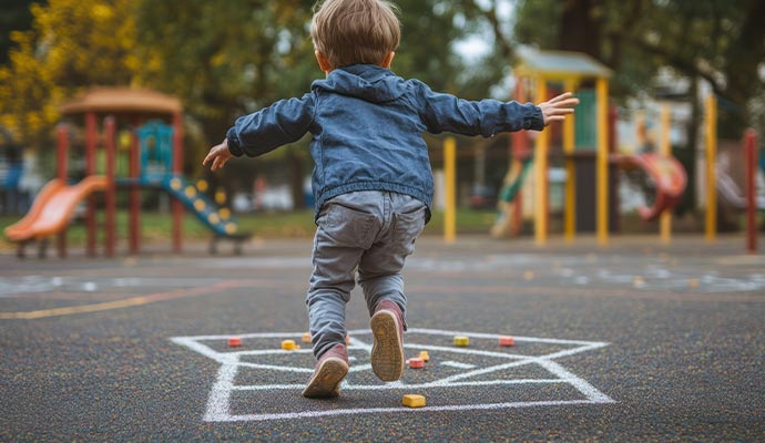 A kid is playing in a clean marked playground