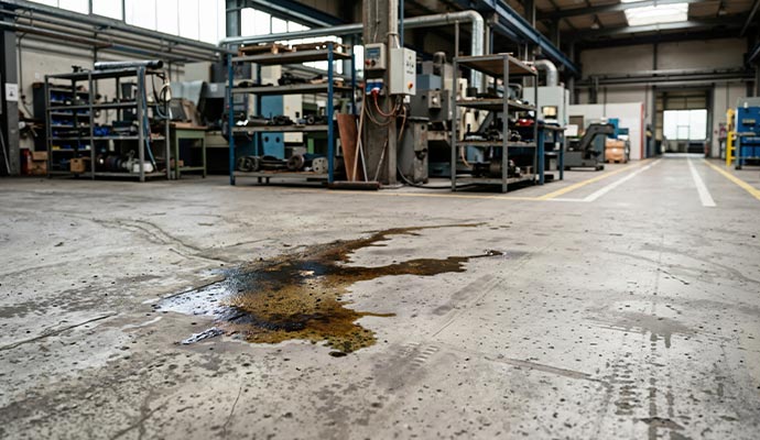 A large dark oil spill on concrete floor inside an industrial factory
