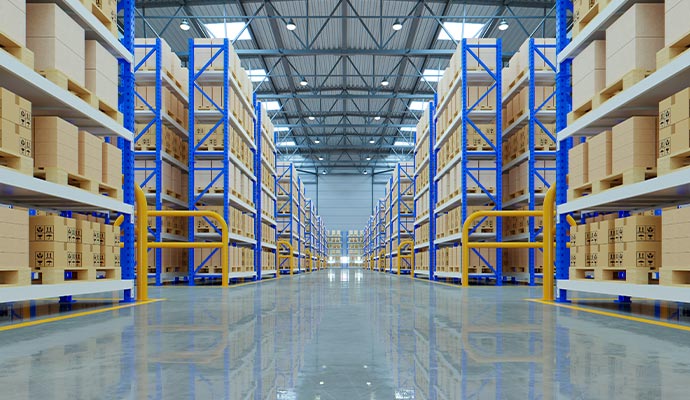 A logistics warehouse interior with polished concrete floor