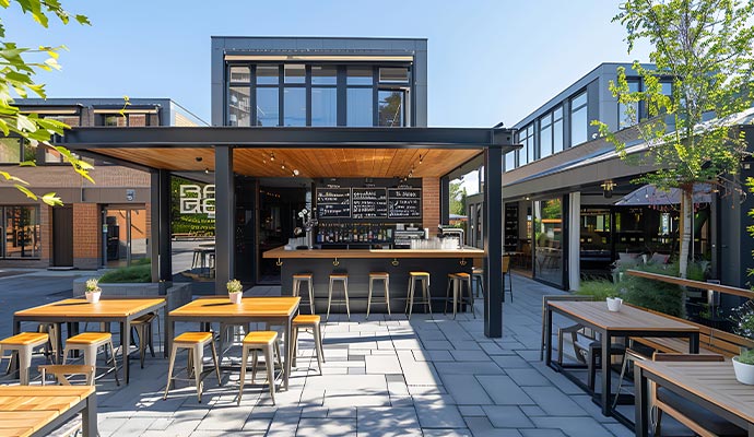 A modern outdoor restaurant with surrounding dining tables on a paved patio