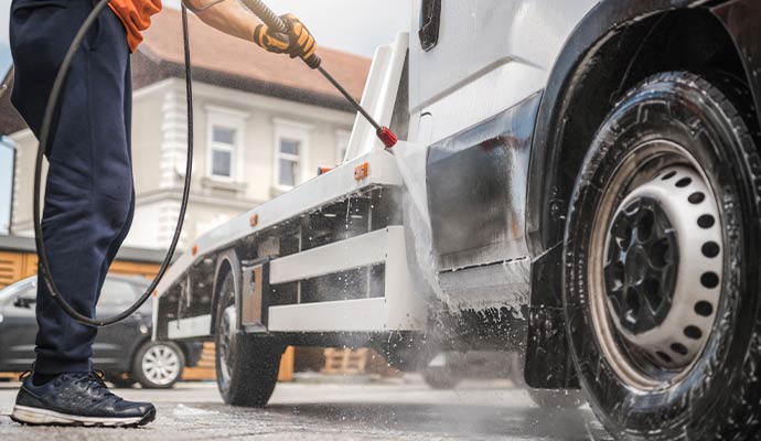 A person washing fleet vehicle
