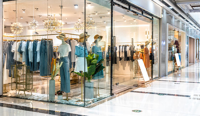 A clothing retail store with neatly arranged apparel and racks