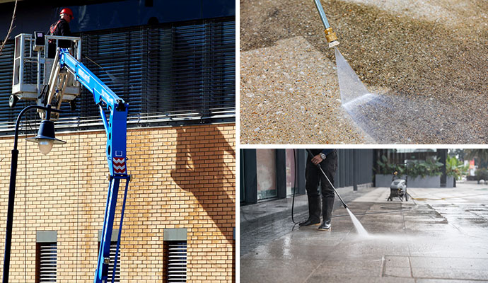 Collage of commercial power washing in multiple areas including building exteriors, sidewalks and parking lots