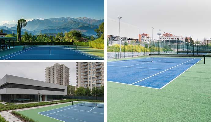Collage of tennis courts at commercial properties, resorts, and residential complexes