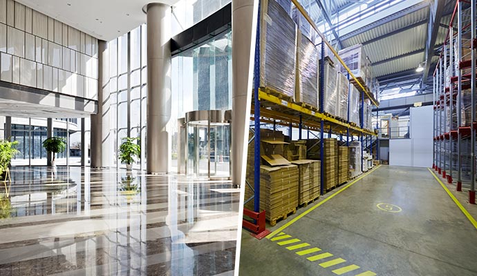 Collage of modern business entrance and warehouse Collage of modern business entrance and warehouse