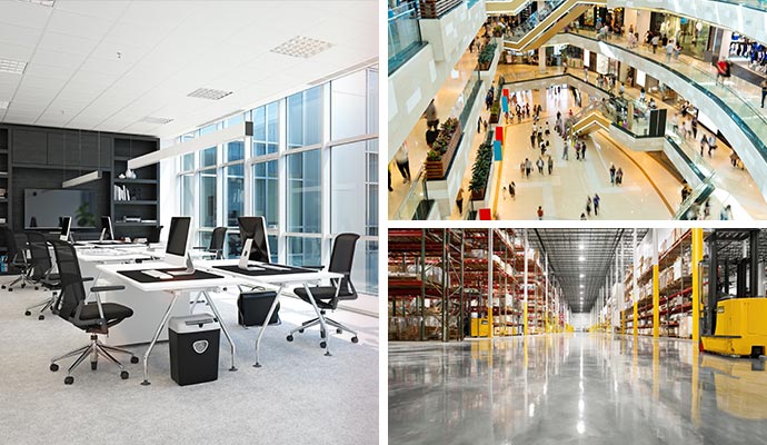 Collage of office room, shopping mall, and warehouse