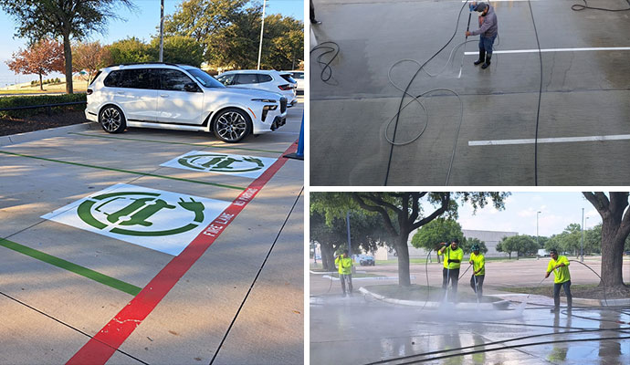 Collage showing a clean parking lot and professional parking lot cleaning services using pressure washer