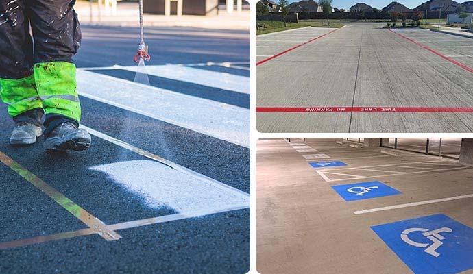 Collage of showing crosswalk striping, red fire lane marking, and handicap parking stencils