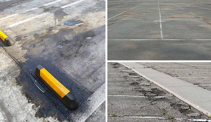 Collage showing oil stains, dirt buildup, and pavement damage in parking lots