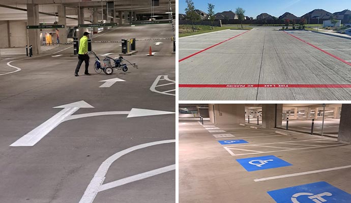 Collage of striping services in different areas