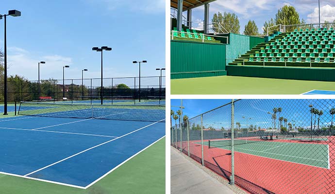 Collage of tennis court areas including court surfaces, spectator seating, and perimeter fencing