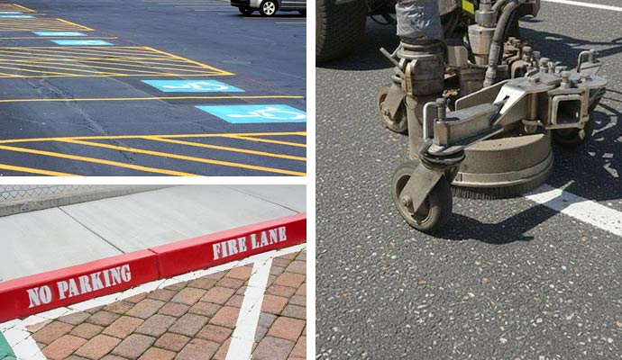 Collage of yellow stripped parking lot and professional striping service