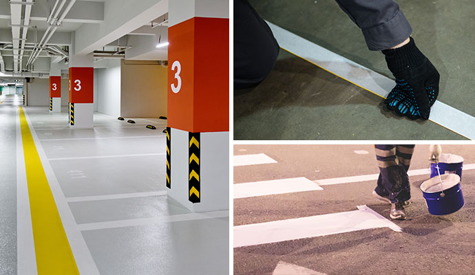 Collage of line painting for parking and roadways