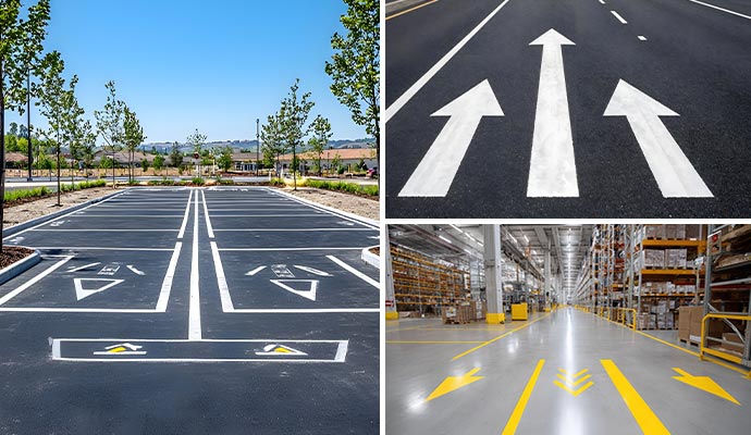 Collage of road and warehouse with marked directional arrow