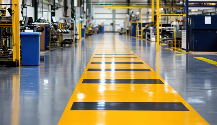 An industrial production house floor with yellow strip