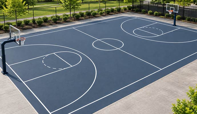 Full outdoor basketball court layout and dimensions