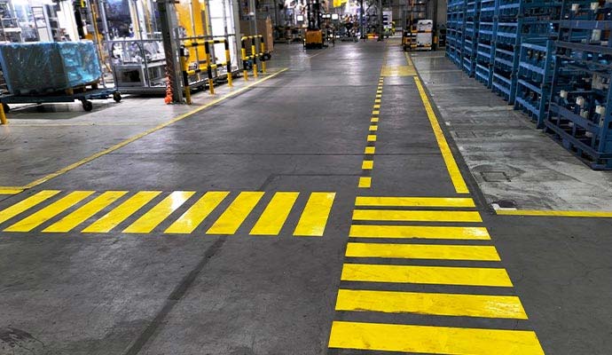 Industrial warehouse facility with yellow floor striping and pedestrian walkways