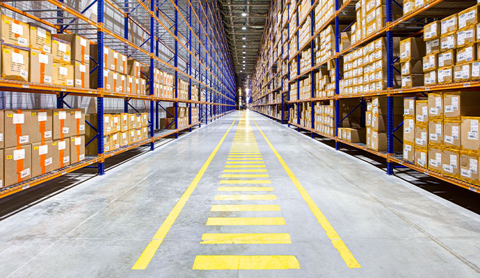 Interior of a large warehouse with shelves, storage racks and open floor space