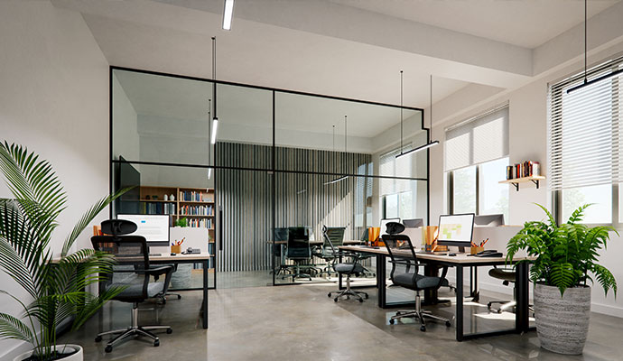 Office interior with workstations, desks and office chairs