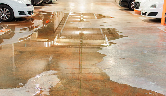 Parking garage floor with standing water puddles