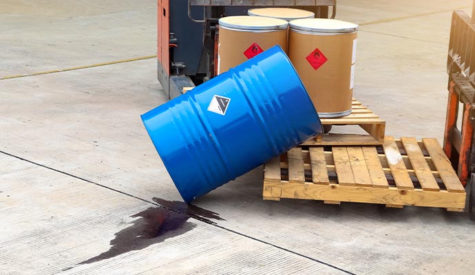 Industrial accident scene showing a fallen oil drum with hazard labels leaking near a wooden pallet