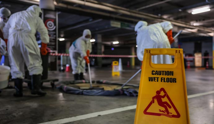 Oil spill cleanup in commercial area