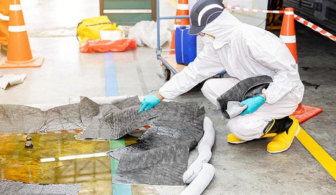 Oil spill cleanup in warehouse by an expert