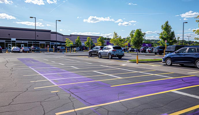 Retail parking lot with purple walkway