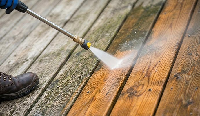 Power washing dirty wooden deck