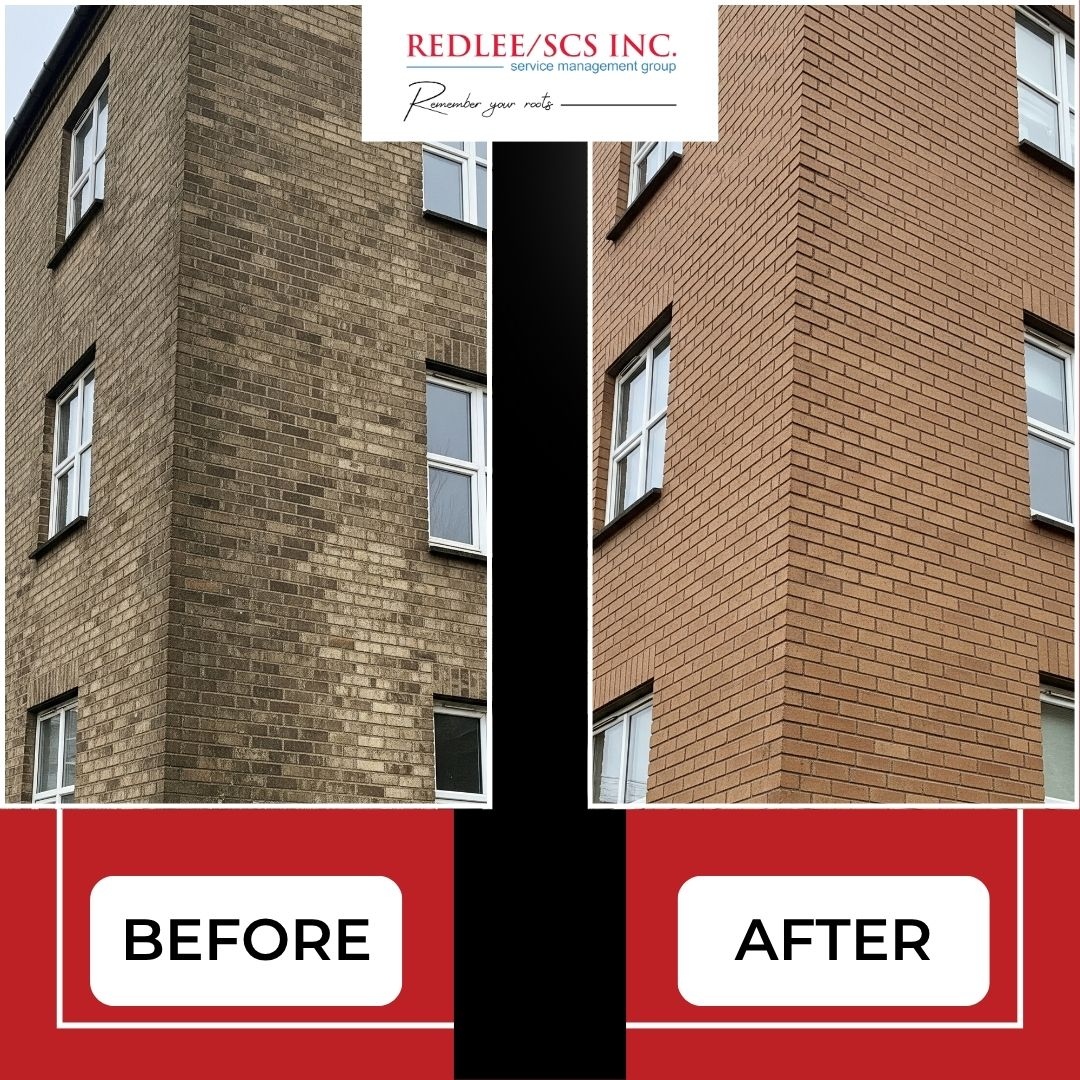 Comparison of a brick building exterior before and after power washing