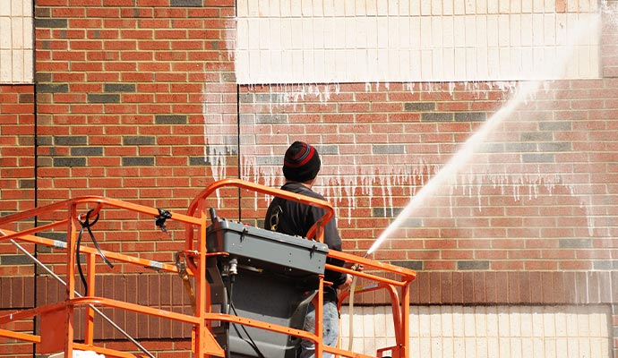 Professional pressure washing service for a brick wall surface