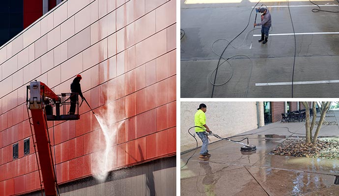 Collage of building exterior, parking lot, and sidewalk cleaning services