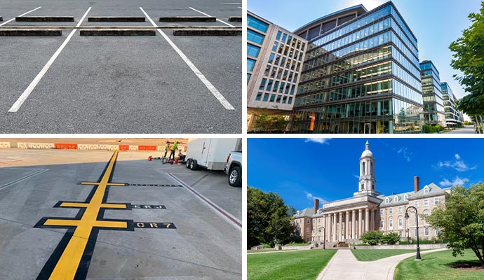 Collage of parking lot, commercial building, and collage campus