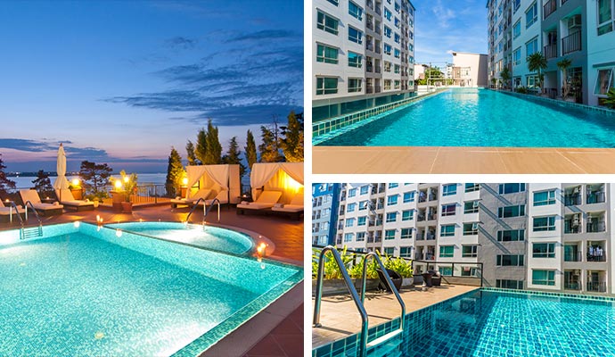 Collage of pool deck in different commercial properties