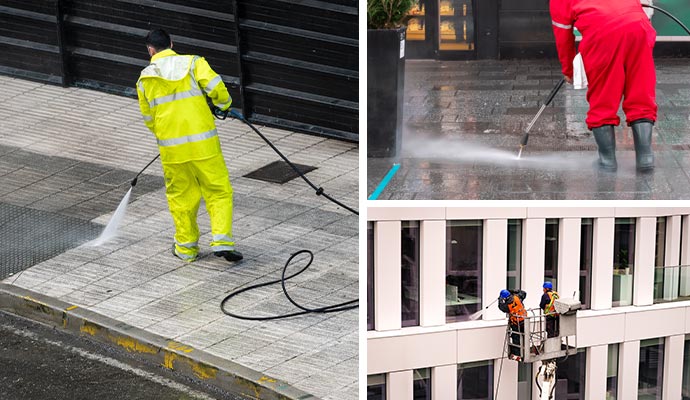 Collage of pressure washing services in different commercial areas