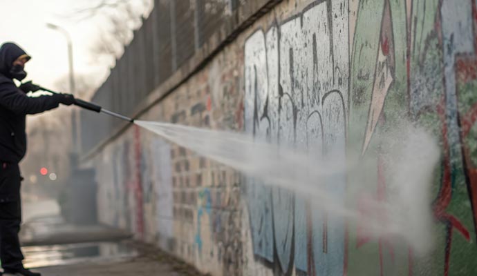 Commercial graffiti removal by power washing