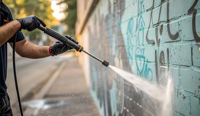 Graffiti removal from the brick wall of commercial property