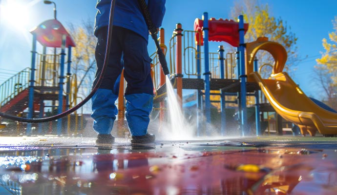 Person cleaning playground surface using pressure washer
