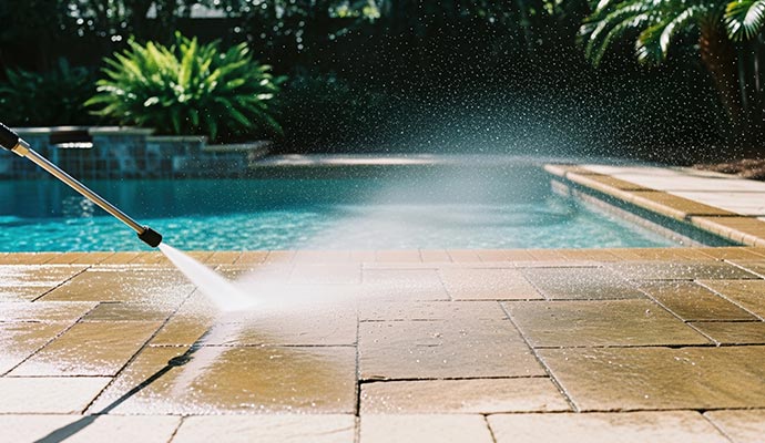 Pool deck cleaning using power washing