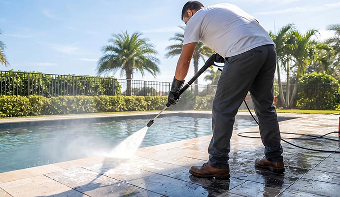 Expert cleaning of a pool deck using power washing method