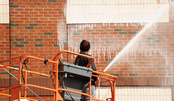 Expert worker pressure washing brick facade from boom lift