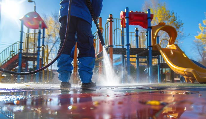 Professional worker pressure washing a playground