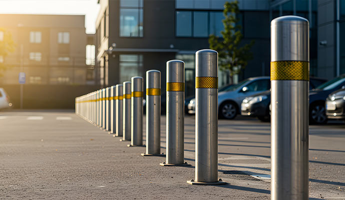 Stainless steel security bollards with reflective bands installed in commercial parking and pedestrian protection area