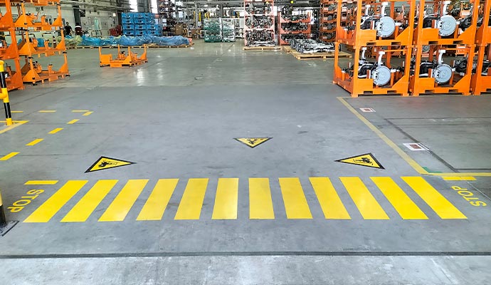 Yellow marked floor of warehouse