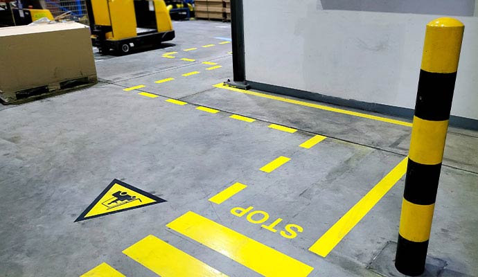 Yellow stripped floor in a warehouse